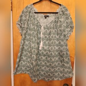 Ellos Green & White Blouse W/Ruffle & Elastic Neckline Corded Tassels 1x 22/24w